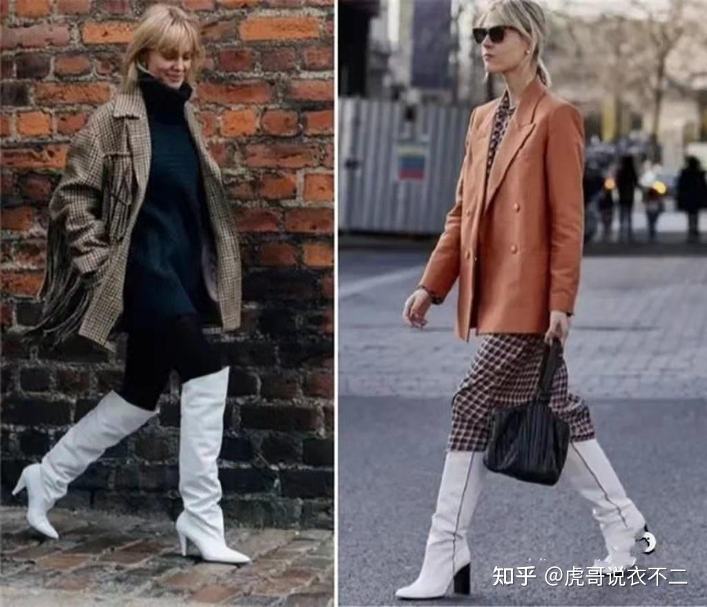比如使用白色靴子来搭配裙子,选择裙子的时候要使用中长款的裙摆来