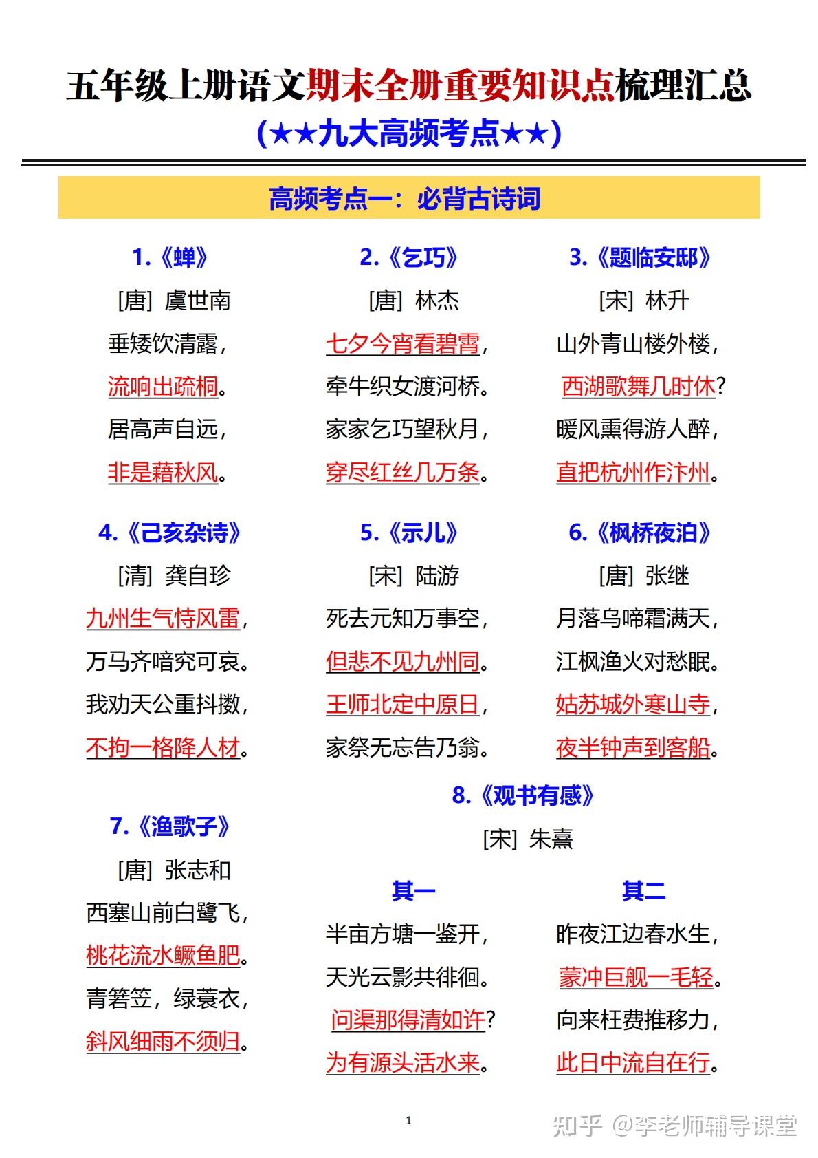 25秋五年级上册语文期末复习重要知识点总结汇总,从必背古诗词到日积月累覆盖9大高频考点,PDF 完整电子版可下载可直接打印 - 知乎