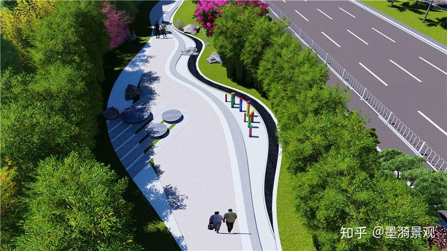 绿化设计以片林结合植物组团形式进行布置,节点位置以草地搭配造型