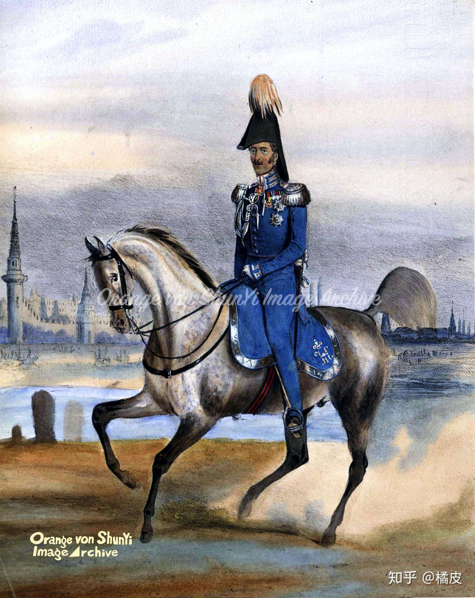 俄罗斯帝国陆军元帅身着礼服的骑兵上将及随员于阅兵式身着礼服的步兵