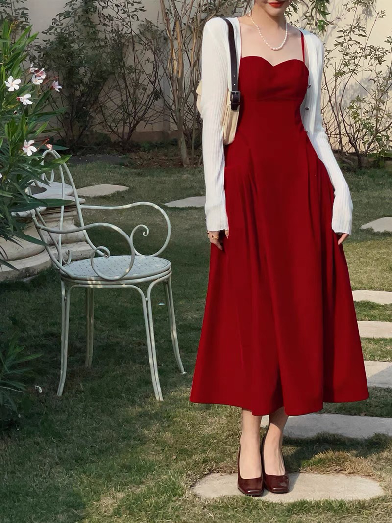 《树莓甜心》港风红色格子吊带连衣裙女夏气质显瘦a字裙lam muimui