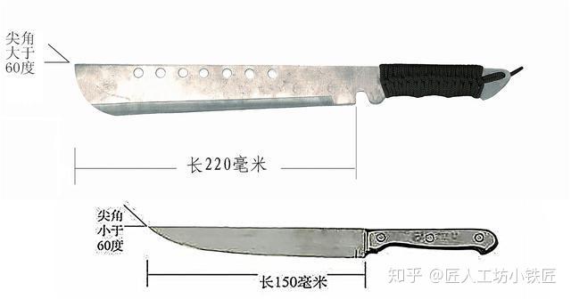 刀尖大于60度但刀身长超过22cm,或者有血槽,双刃,多刃,自锁装置,符合