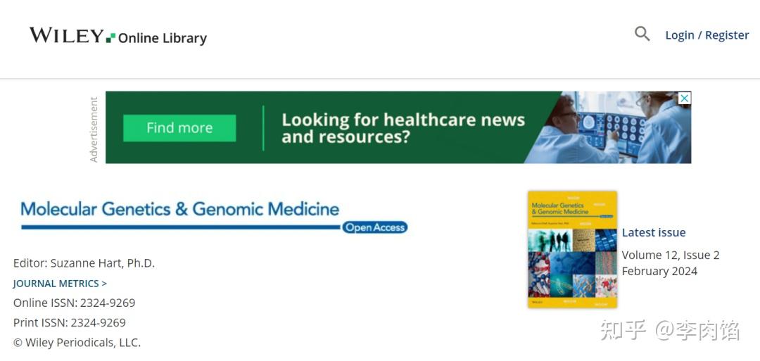 (分子遗传学和基因组医学)是一本wiley出版社旗下支持开放获取期刊