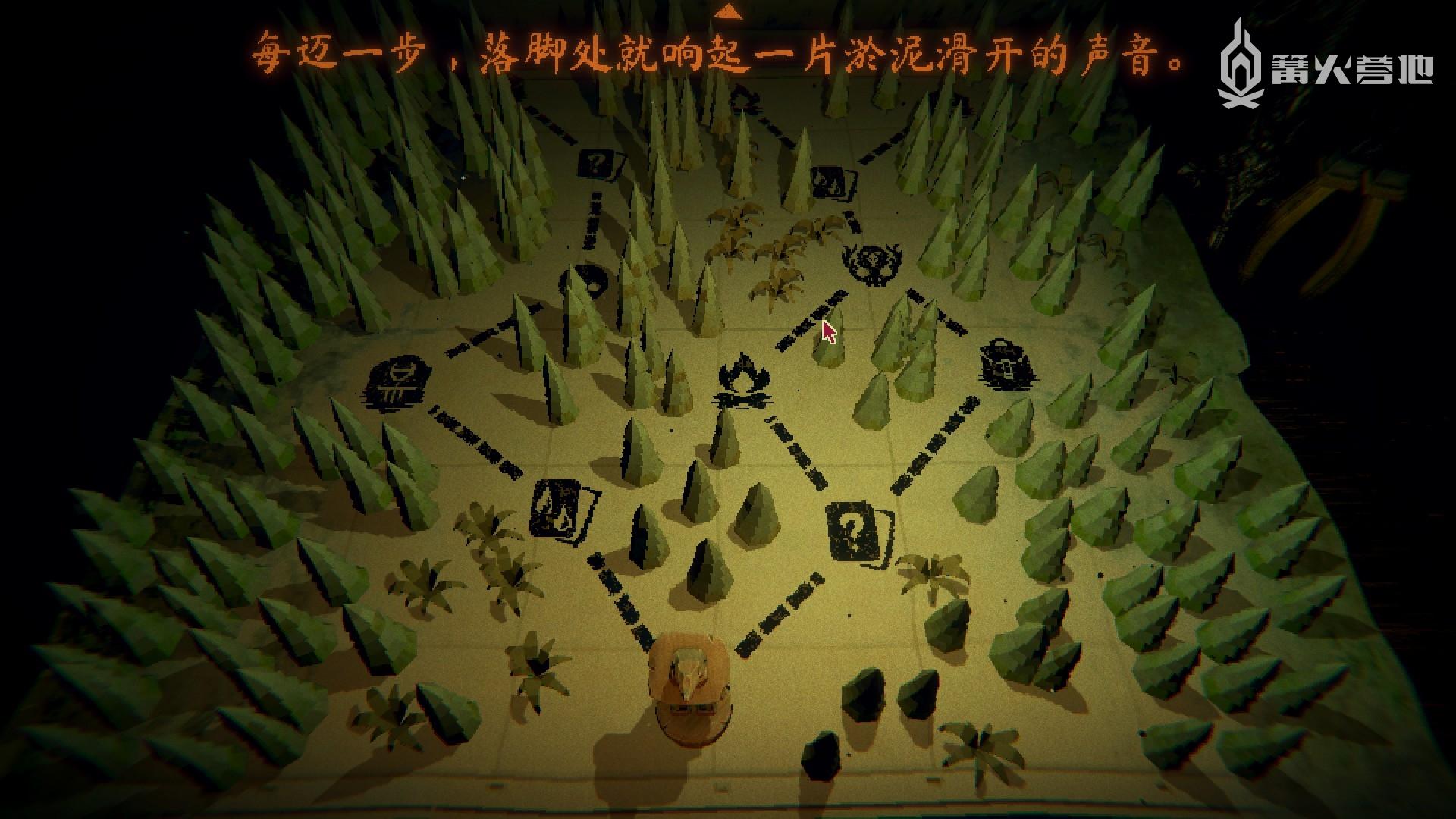 玩家的化身在类似《杀戮尖塔》的随机地图上移动,踩上标记会触发相应