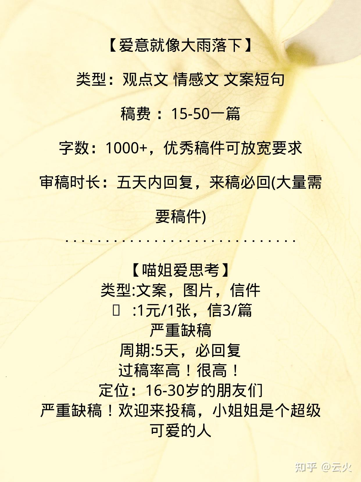 類型:文案,圖片,信件:1元/1張,信3/篇嚴重缺稿週期:5天,必回覆過稿率