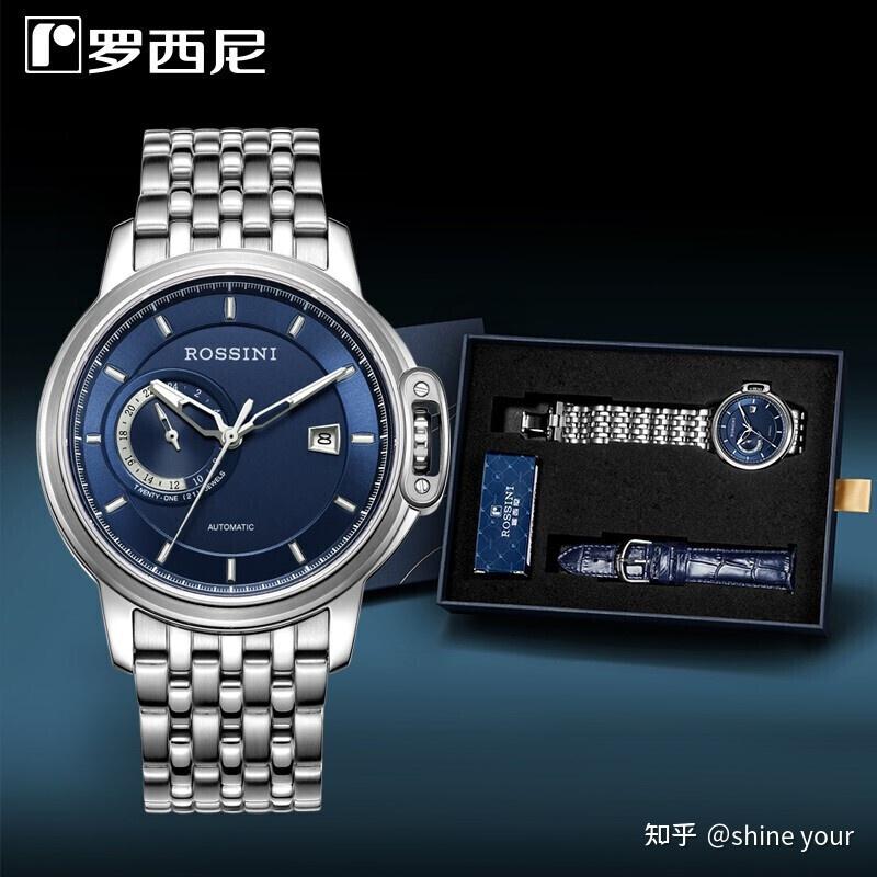 罗西尼rossini勋章系列时尚自动机械男表日历夜光指针蓝盘钢带