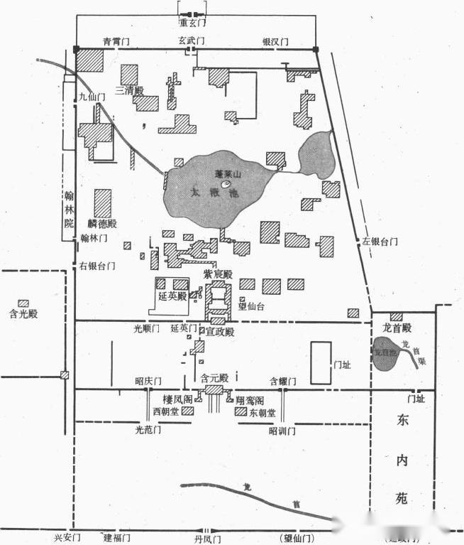 图为大明宫布局来源《中国大百科全书·考古学》大明宫的平面形状