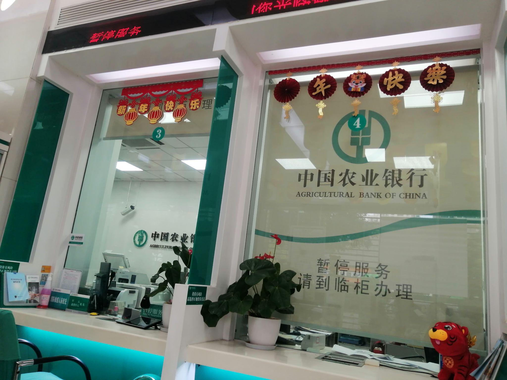 某中国农业银行的工作柜台只有一个人在工作,而其余柜台都是空的,导致