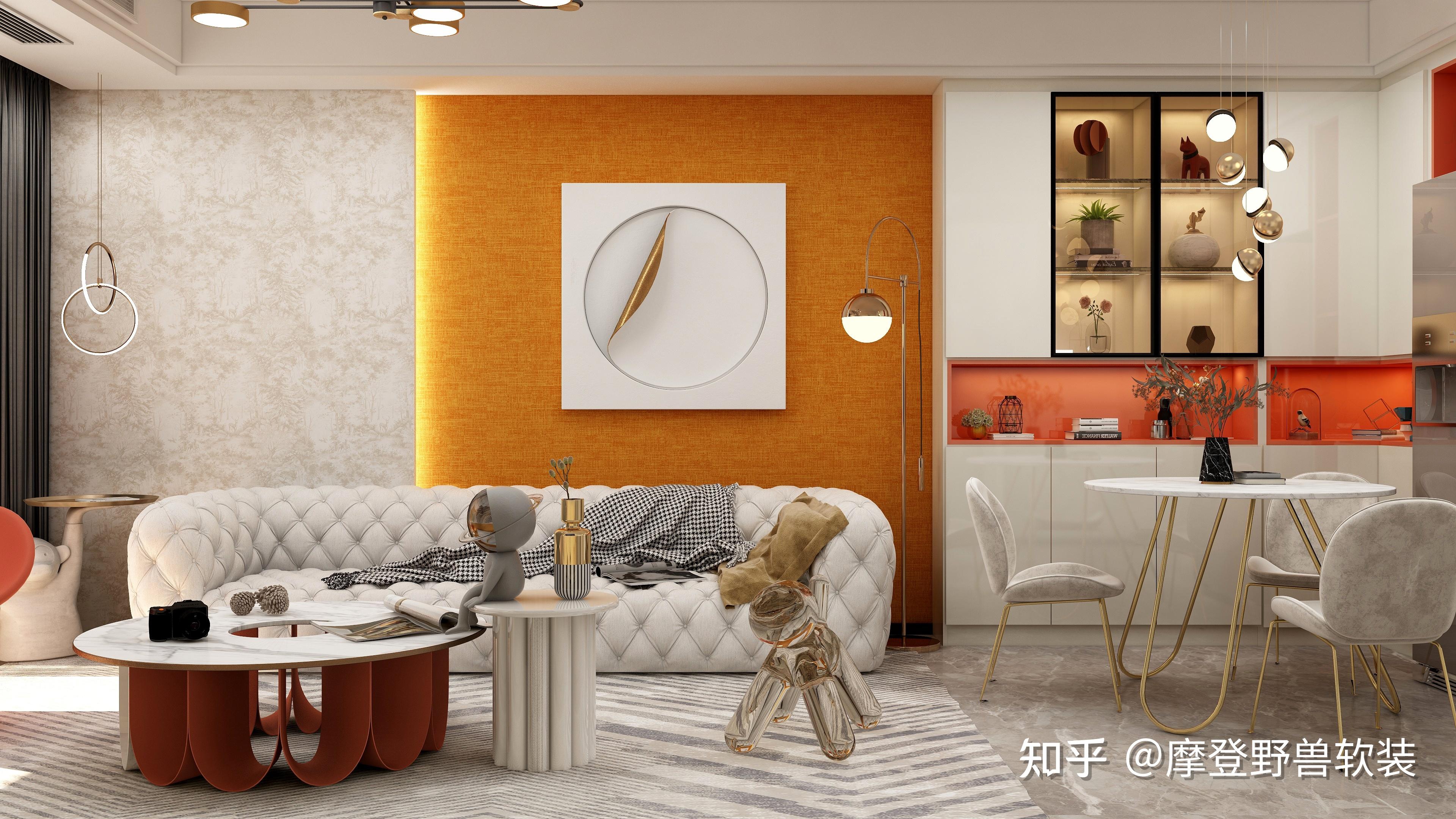 沙发背景墙铺贴饱和度较低的摩登野兽品牌墙布,搭配饱和度高的爱马仕