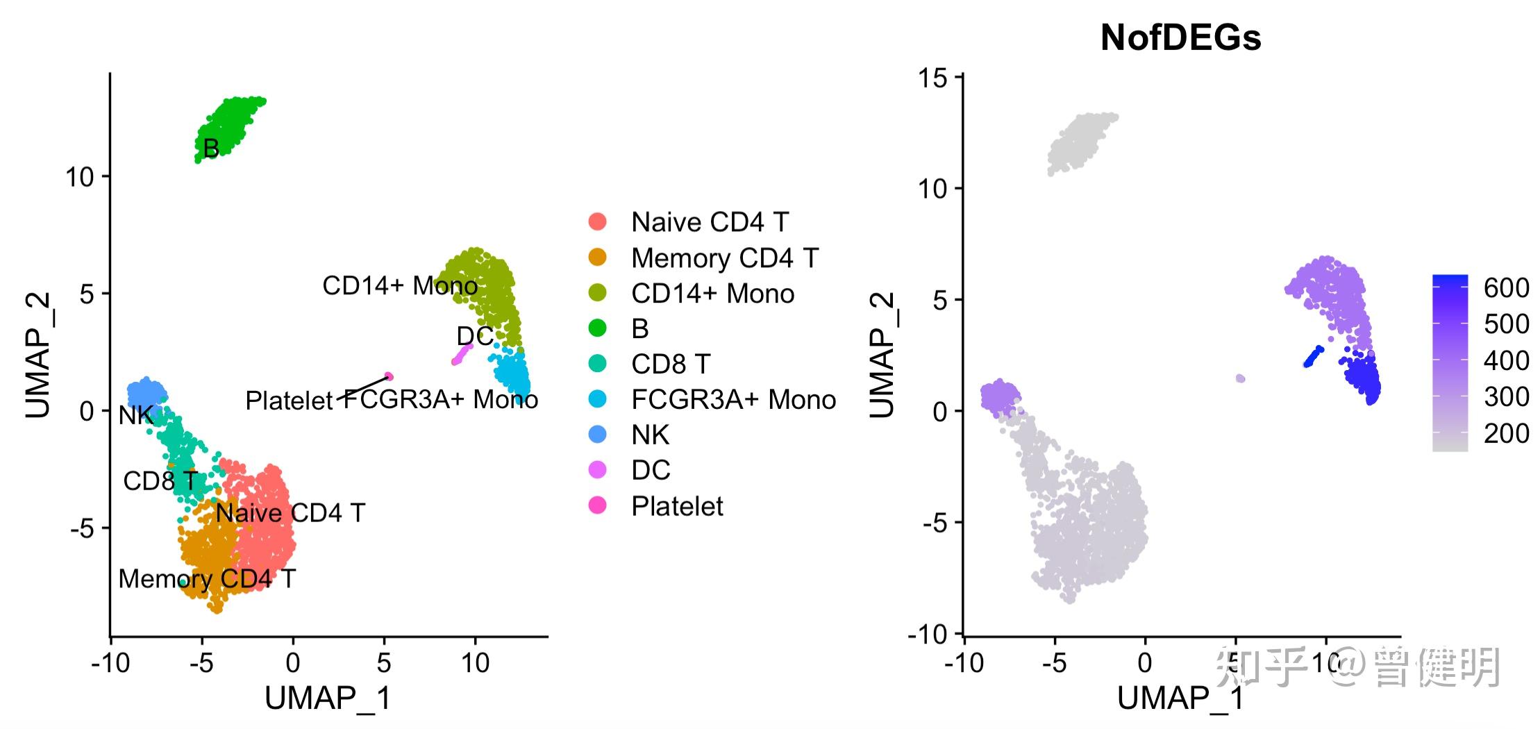 各个单细胞亚群的差异基因数量投射到umap图 - 知乎