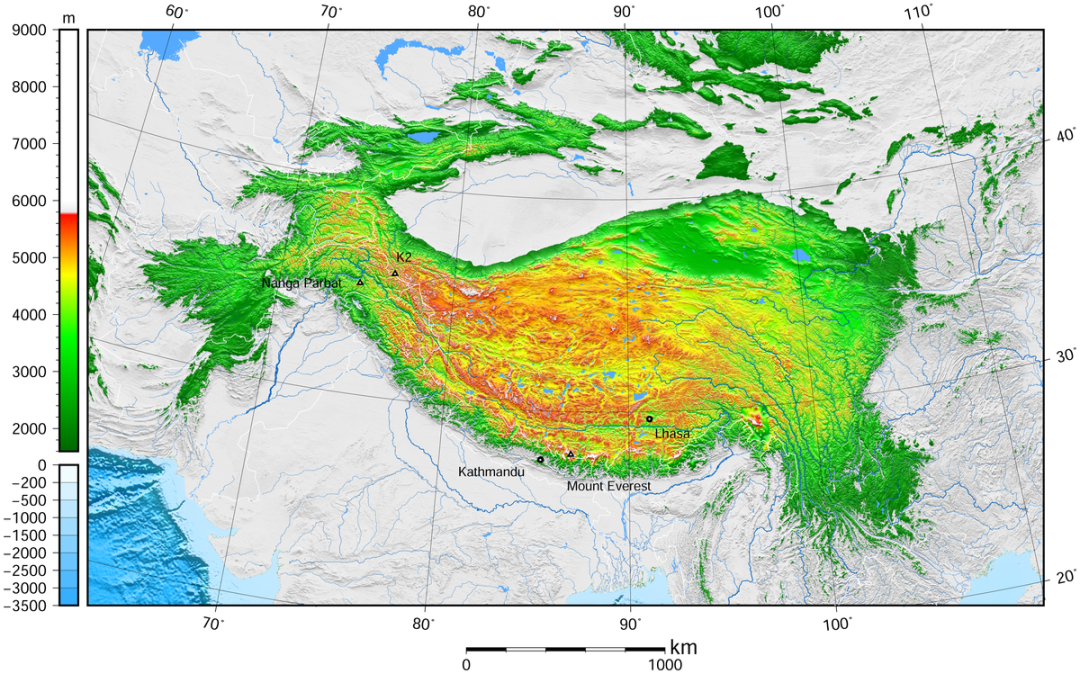 西藏及其周邊區域地形圖:tibet and surrounding areas topographic