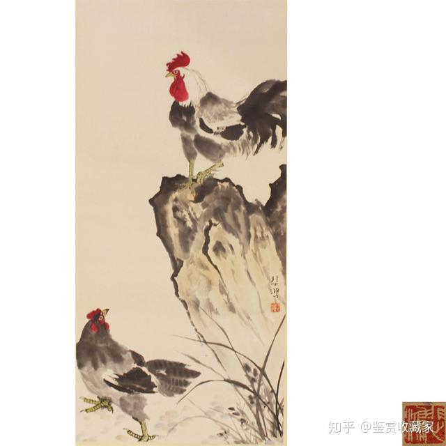 悲鴻 雞 徐悲鴻Xu Beihong | 雙吉平安Rooster and Hen on Rock | Fine