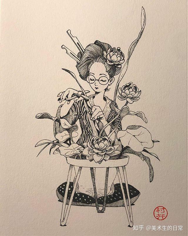 国外浮世绘画风的黑白插画这画风太可爱了吧06插画美术