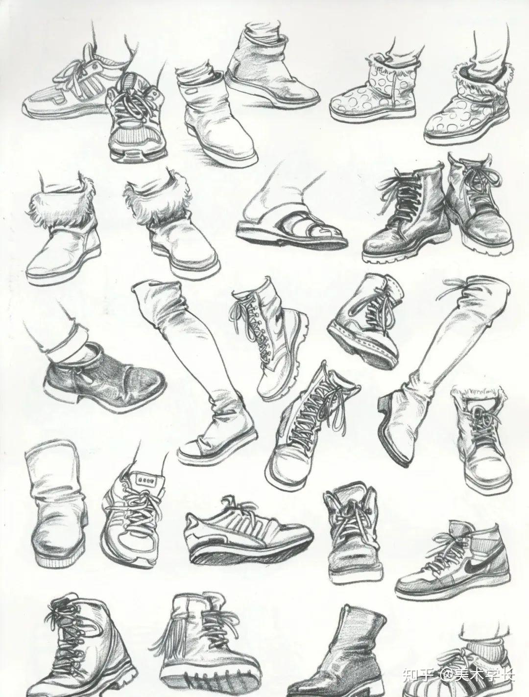 将鞋子看成一个几何形体,分析鞋子的立面,平面和斜面.