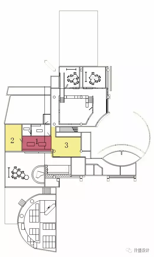 1區域為烘焙教室區域,2區域為廚房和餐廳,3區域為活動區