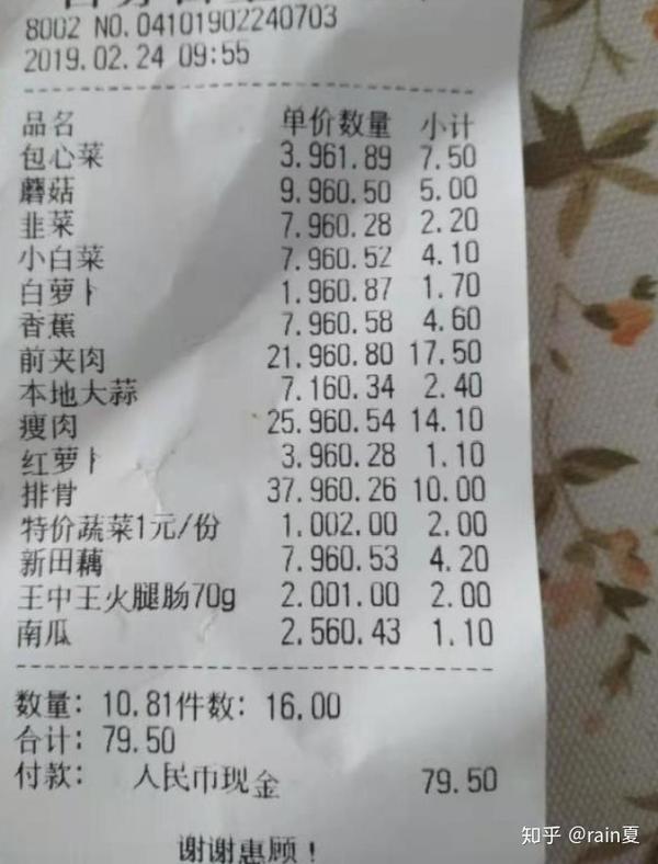 下面这张图是我周末去超市买的购物发票,总共购买了16种蔬菜和肉类