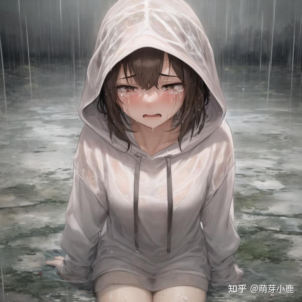 抑郁症。雨中站在水里哭泣的女孩插画图片素材_ID:405442117-Veer图库