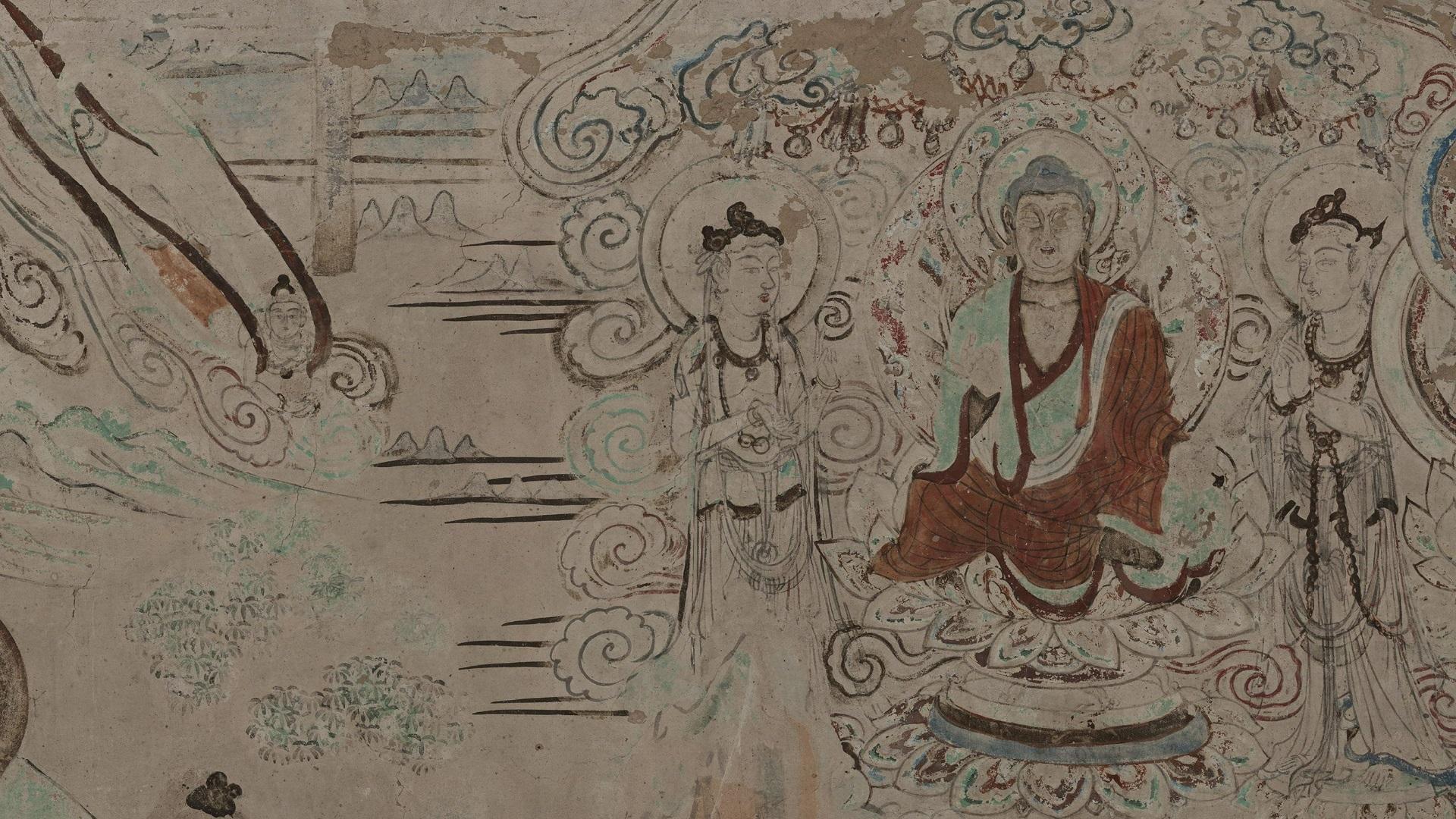 盛唐-敦煌103窟东壁门:维摩诘经变(北侧文殊,南侧维摩诘,上部佛国品)