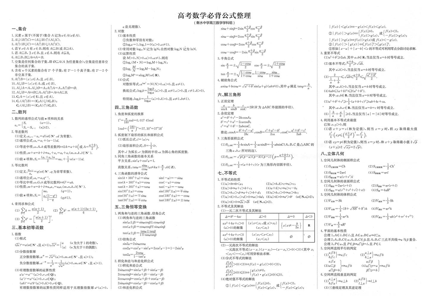 衡水中学内部整理 高考数学必背公式 2页可打印 知乎 衡水中学内部整理 高考数学必背公式 2页可打印 知乎