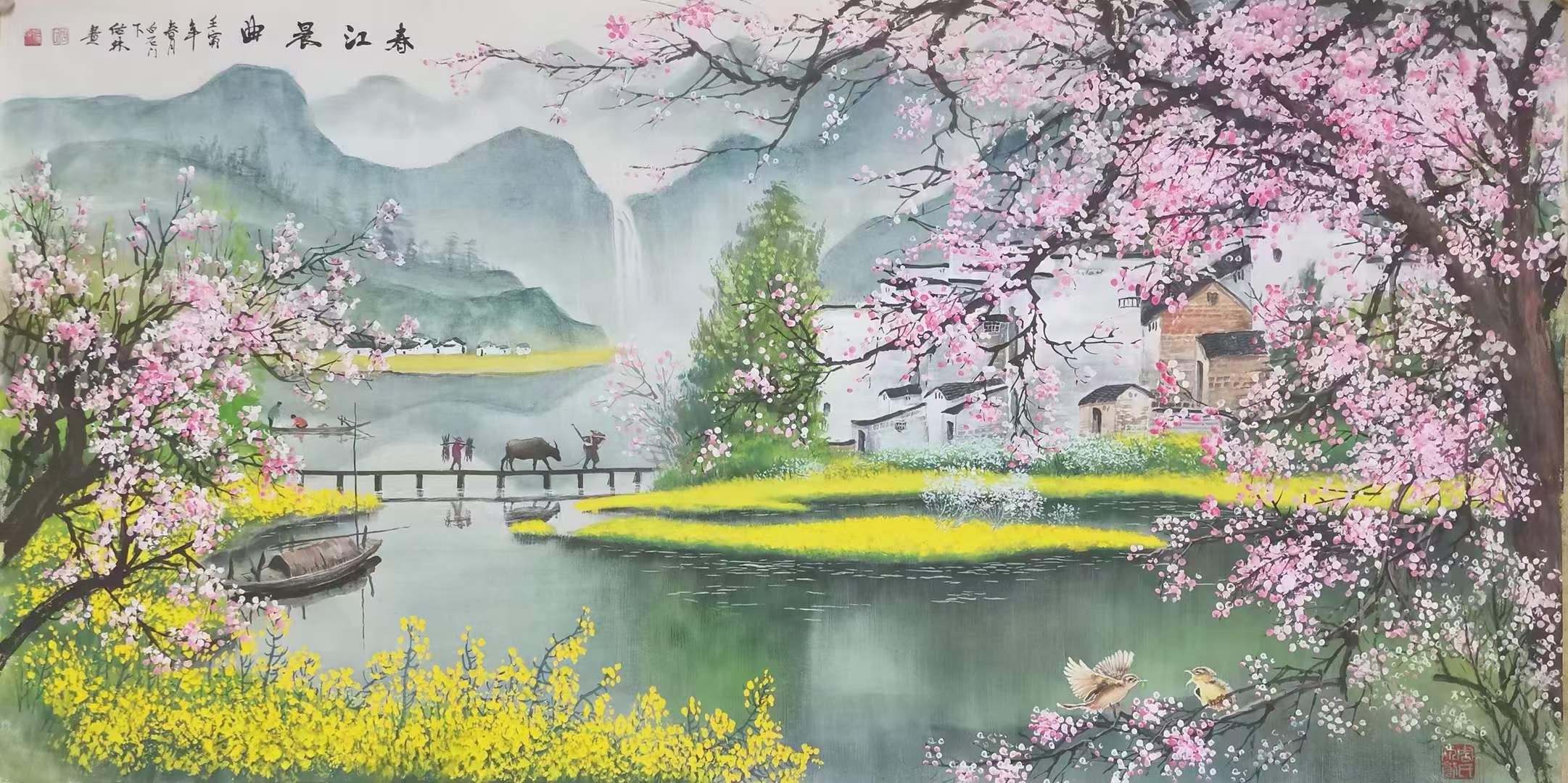 周佑林擅长彩墨山水,他的春日系列山水画,用色大胆洒脱,构图饱满新颖