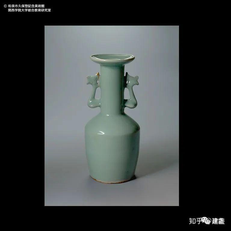 中国古玩龍泉窯砧青磁雙魚耳瓶南宋時代-