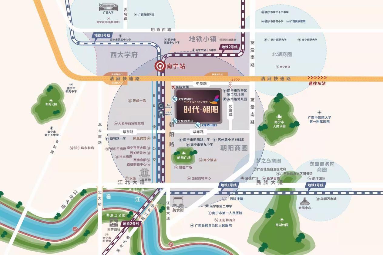 位于五象湖核心区,平乐大道和良玉大道的交汇处,同时也属于广西自贸区