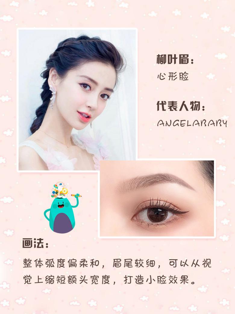 代表人物:angelababy柳叶眉:心形脸代表人物:章子怡小挑眉:菱形脸代表