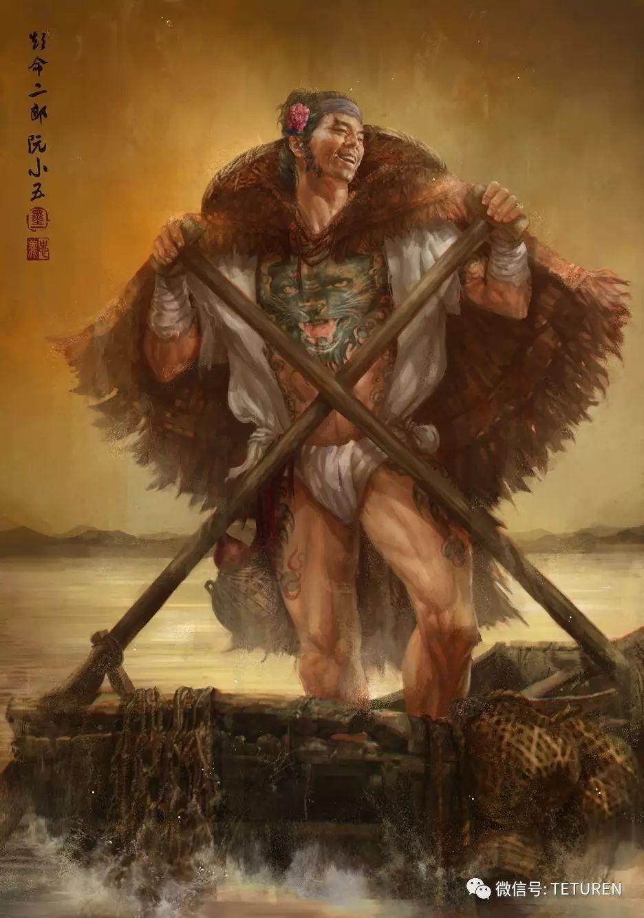 图片来自 画师张墨一绘本《水浒传》那阮小五斜戴着一顶破头巾,鬓边插