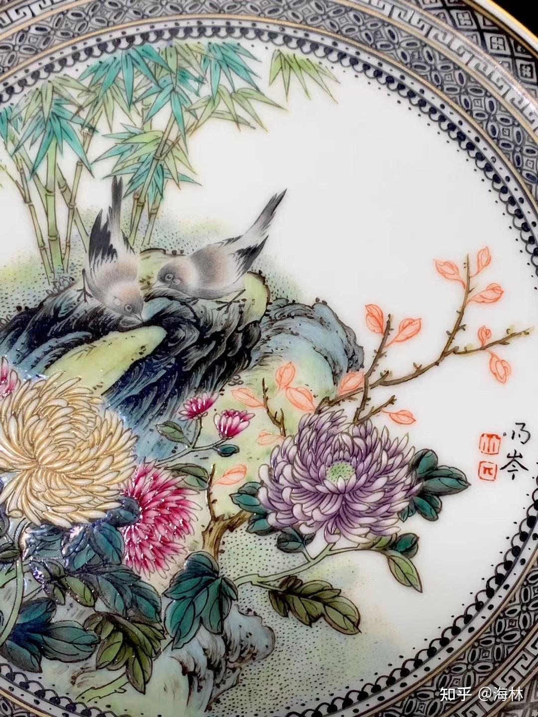 民国珠山八友刘雨岑之作墨彩图案边四季花鸟盘四块一套挂盘尺寸直径22