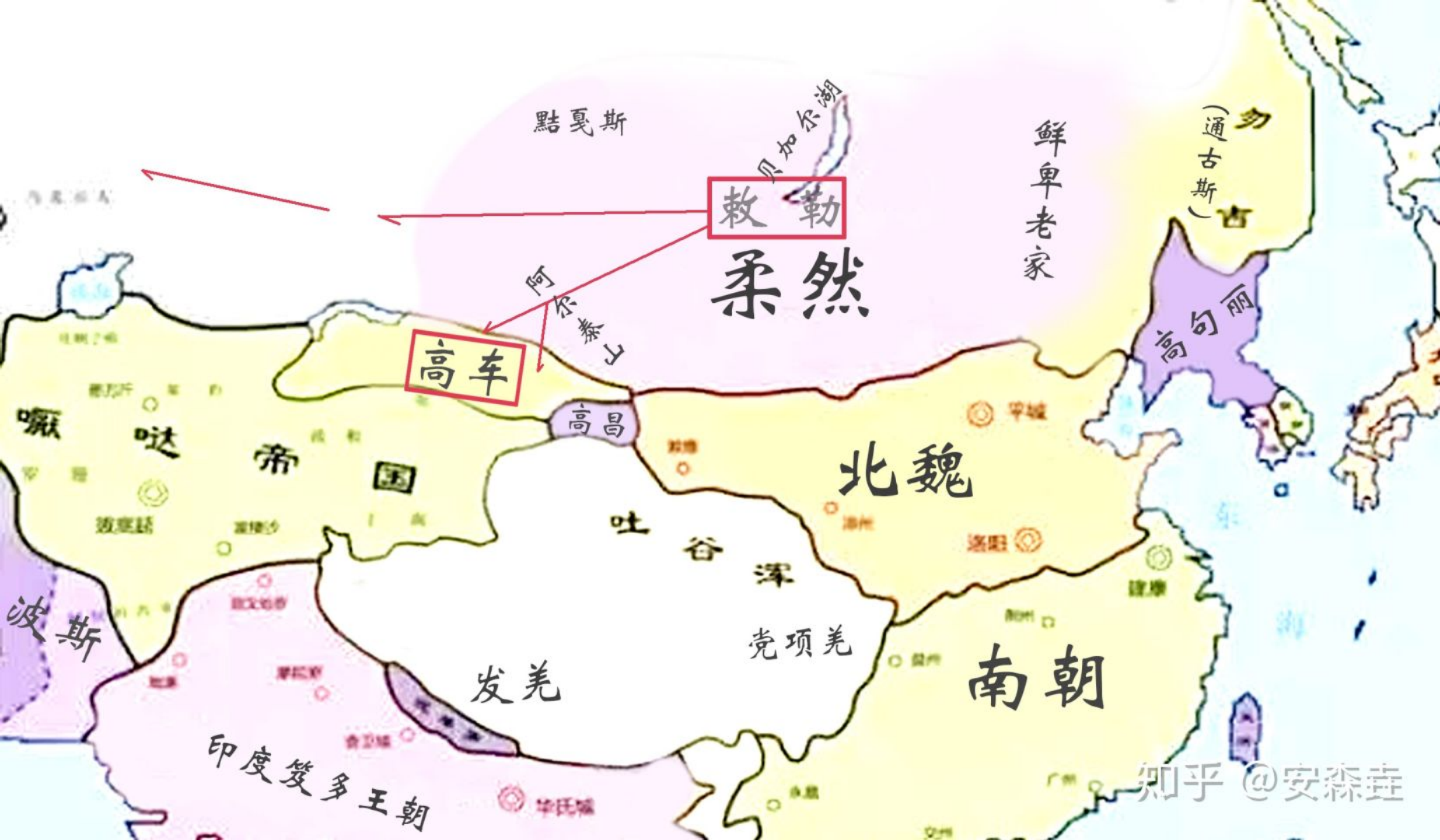 图 37：柔然和南北朝，慕容部的吐谷浑逃到青海羌人地盘，建立「吐谷浑」