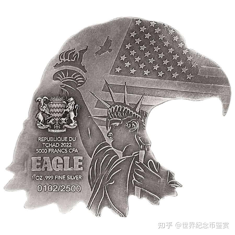 自由女神的火炬下方刻有"eagle"一词,还有乍得国徽,面额,重量和纯度.