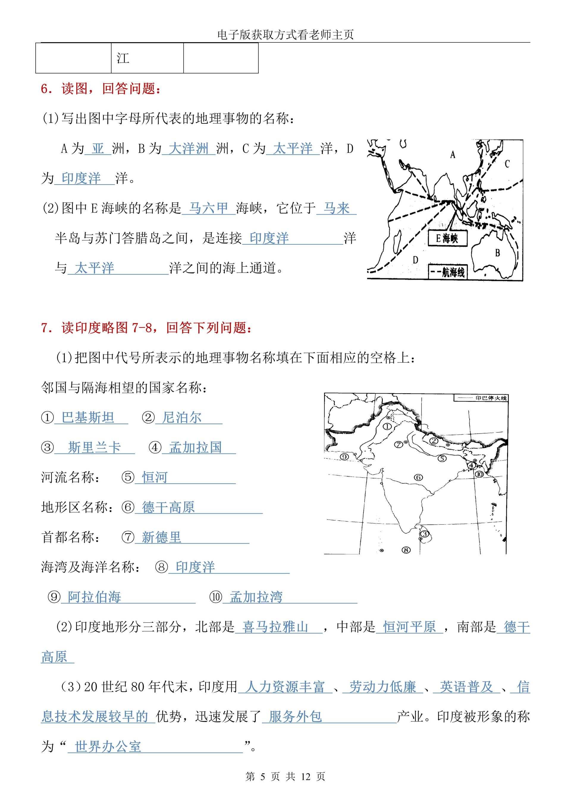 【初中地理】人教版初一七年级下册地理常考的16个填图题