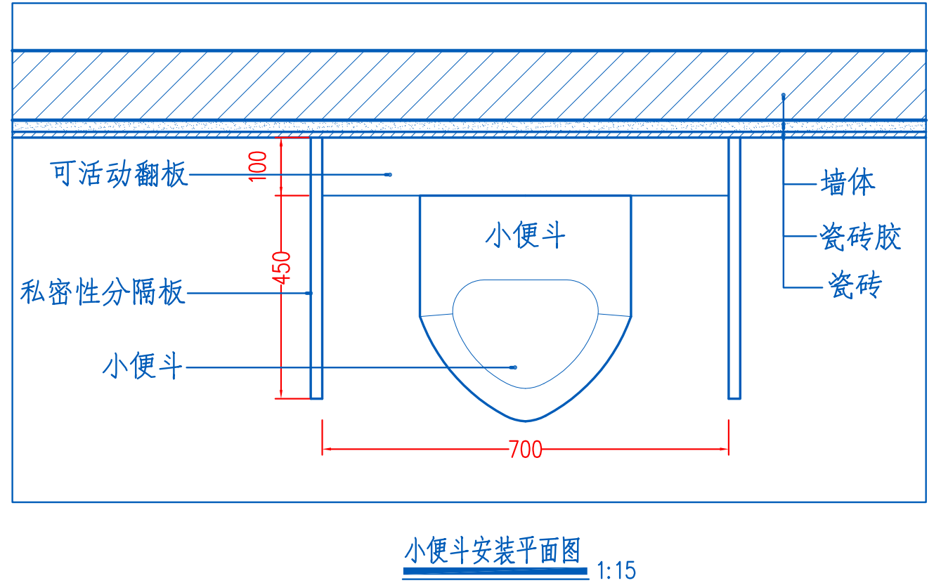 小便斗隔断节点图a 注意要点:安装时应注意小便斗隔板的高度,小便斗