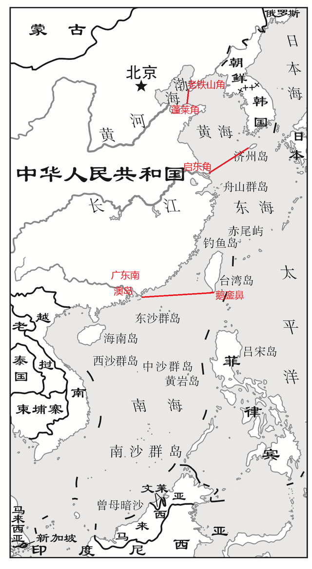 2,黄海与东海分界线:长江口北岸的启东角与韩国济州岛西南角