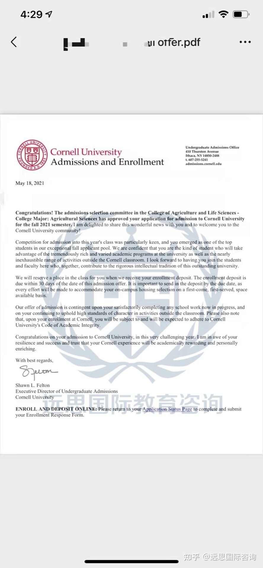 康奈尔大学文理学院斩获offer