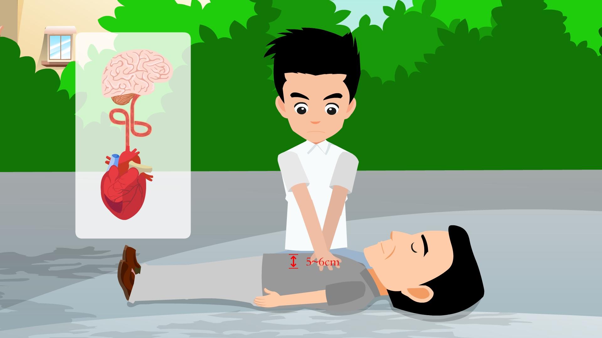 给予2次人工呼吸(每次吹气1秒),每次人工呼吸时,观察患者的