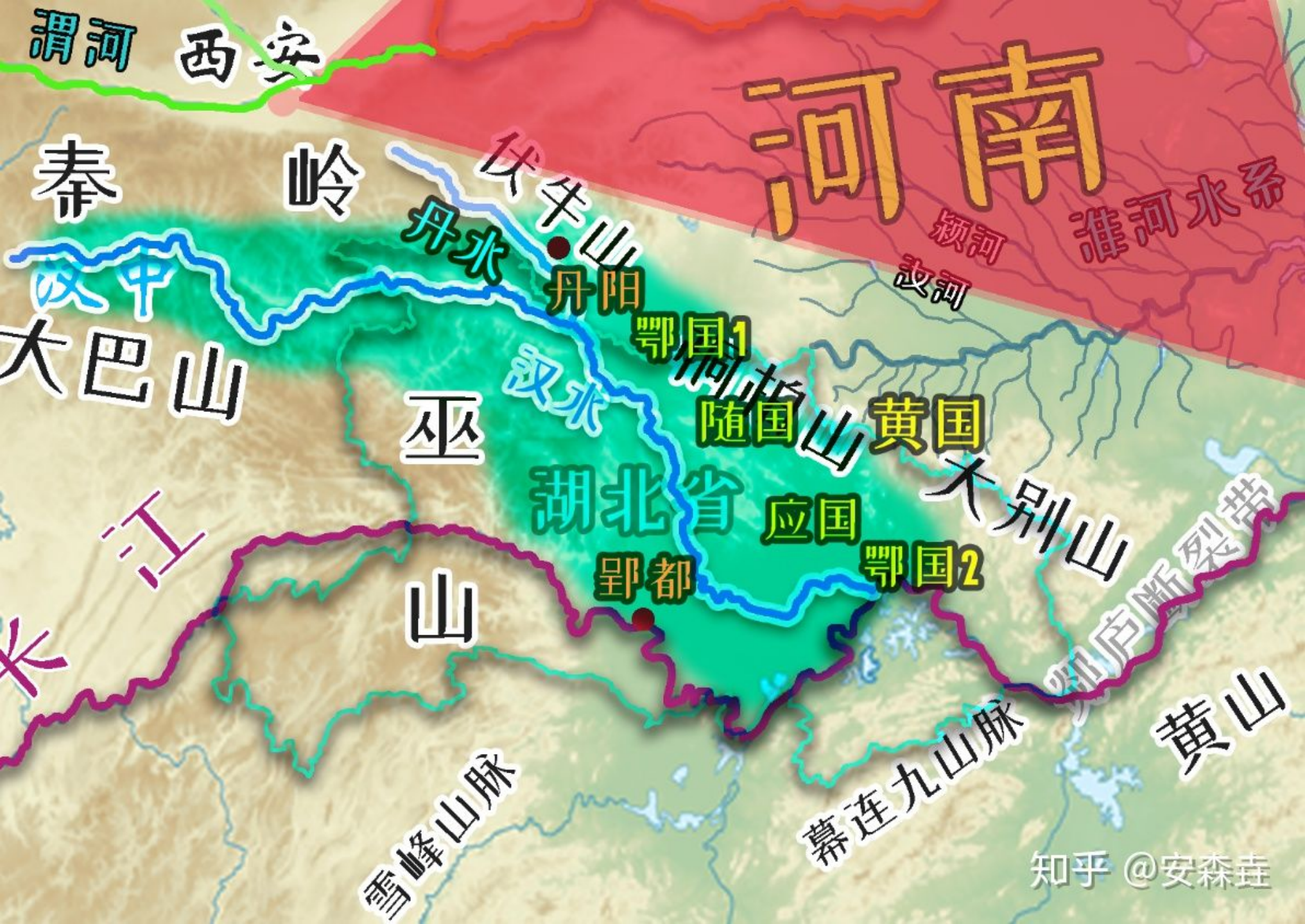 图 15:楚国的第一次迁都示意图(从老郢都丹阳迁到新郢都荆州)