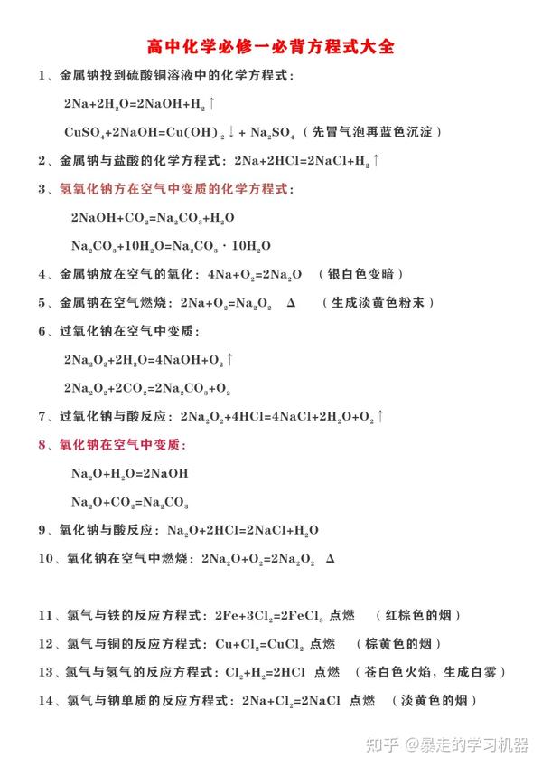 高中化学 必修1方程式大全 超实用 值得一背打印出来更好 知乎