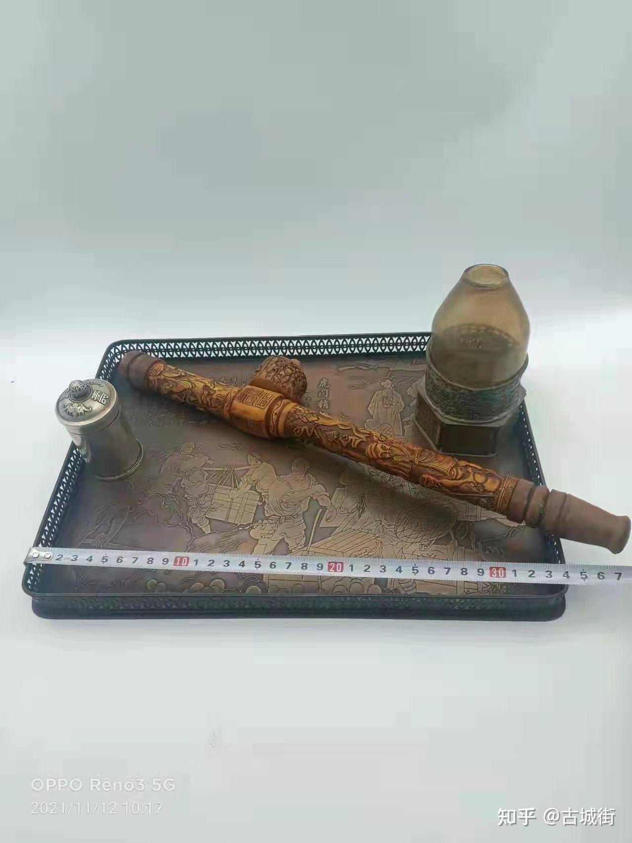 民国时期全铜制大烟盘虎门销烟故事图案象骨大烟枪纯铜烟灯