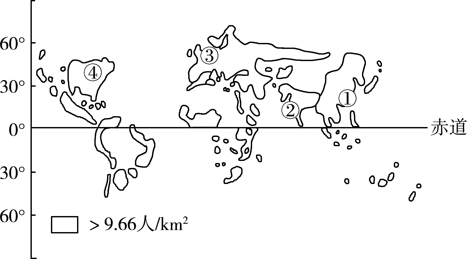 人口密集地区称为人类大陆.读下图,完成4～6题.1.b 2.c 3.