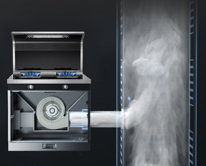 德普第三代集成灶的排烟方式采用鹦鹉螺单向直排风道设计,风压大,排烟