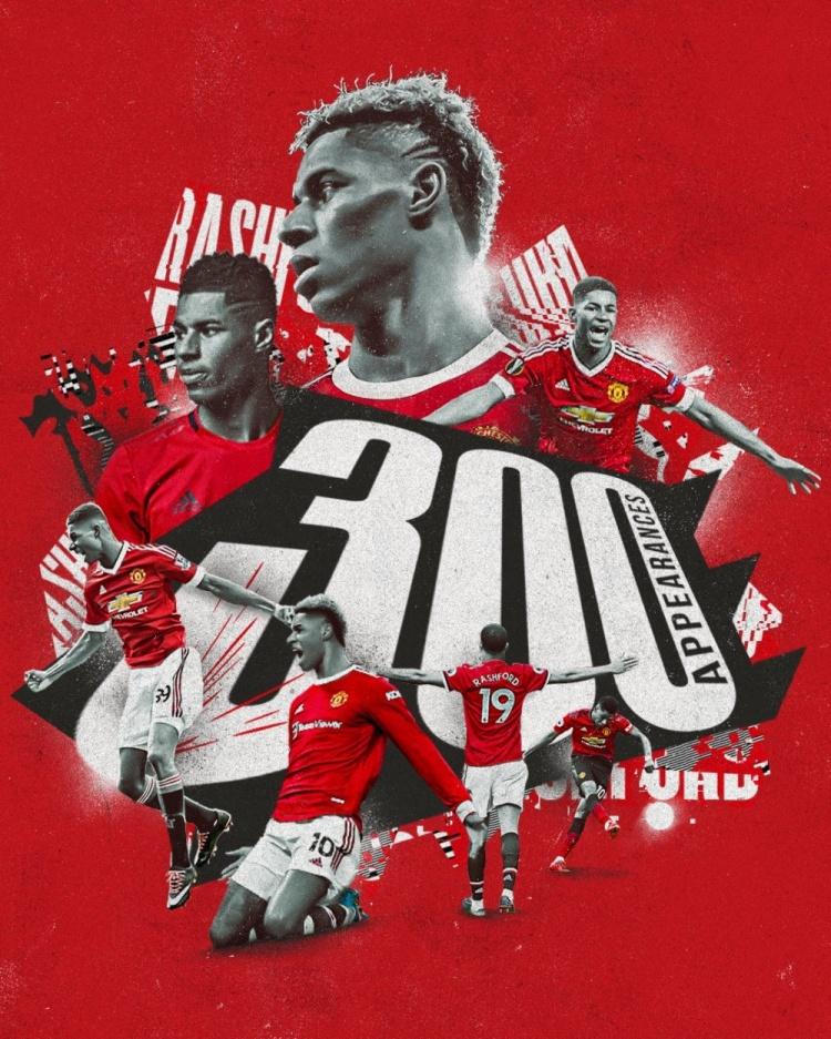 拉什福德达成为曼联出战300场里程碑曼联官推发海报祝贺