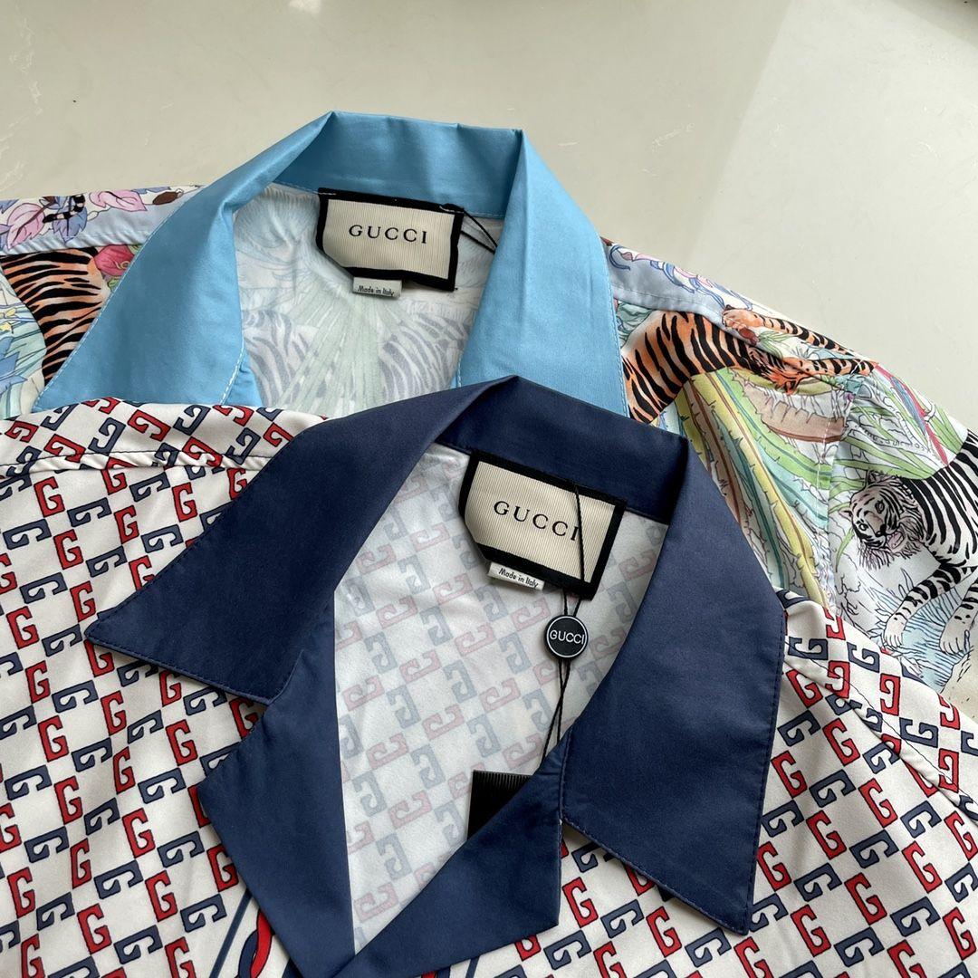 gucci22s春夏新款古驰几何g老虎印花平纹细布保龄球衬衫
