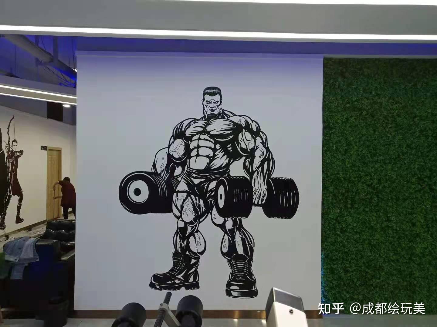 健身房墙绘黑白力量图图片