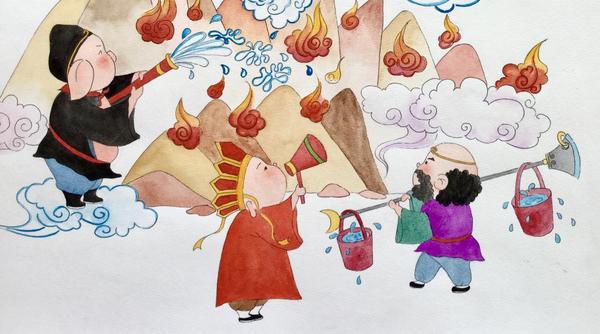 张小妹儿萌系插画《西游记》 唐僧师徒四人途经火焰山 沙悟净挑水