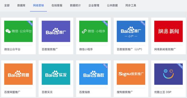 （支持的数据源）网络营销数据 bdp 支持的很丰富，如百度搜索推广、搜狗