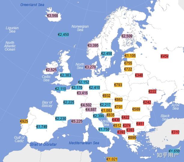 一张欧洲各国平均工资图，来自wikipedia list of european countries