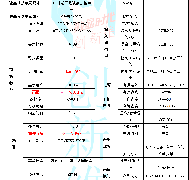 二,创新维49寸液晶拼接屏具体参数