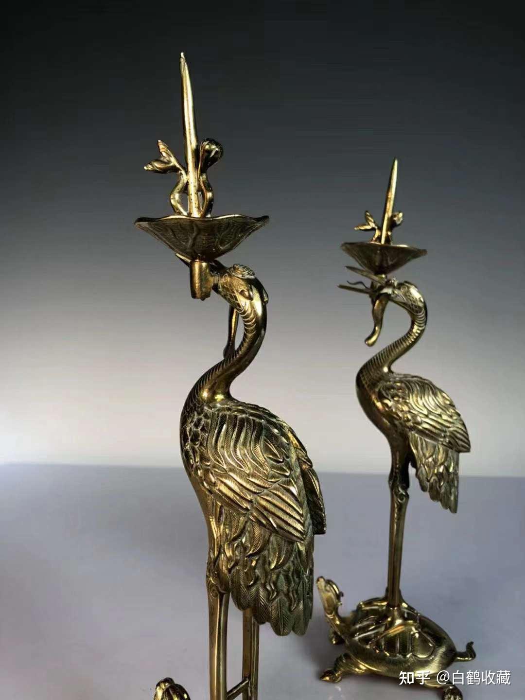 鉴赏民国铜铸龟鹤延年案头烛台一对