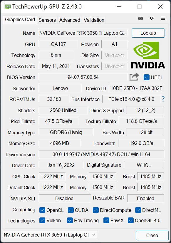 顯卡——gpu-zrtx3050ti這個獨顯給了海力士的顯存顆粒.